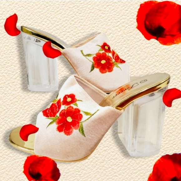 Shoes - #169 New Floral Platform Clear Acrylic Heels Velvet Rose Gold Slides 7.5 Mules
